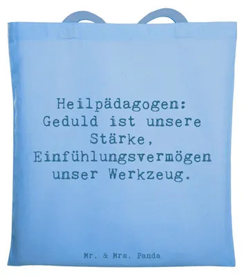 Produktbild von Mr. & Mrs. Panda Tote Bag Spruch Heilpädagogin Geduld - Sky Blue - Geschenk, Einkaufstasche, Schulen, Berufsgestaltung, Beruf, Heilpädagogen, Jutebeutel, Shopping Tasche