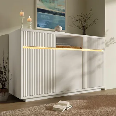 Produktbild von Sideboard mit LED, 2 Schubladen und 3 Türen Aufbewahrungsschrank Wohnzimmerschrank 140x40x85 cm Weiß