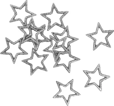 A collection of silver glitter star-shaped confetti scattered on a white background.