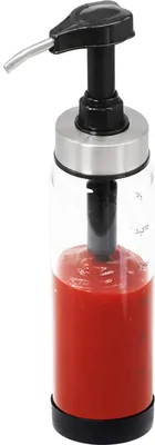 A clear, well-lit studio shot of a sauce dispenser filled with a red sauce.
