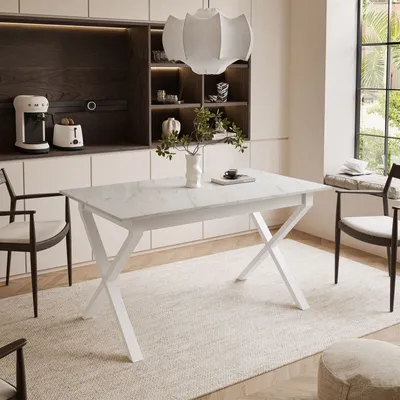 Produktbild von ARTON II ausziehbarer Tisch 140 cm Marmor Levanto, Weißmetall X-Beine