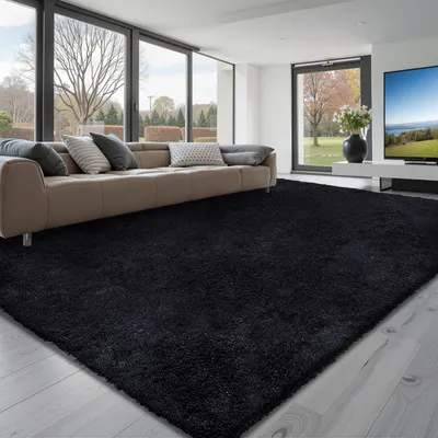 Produktbild von VEVOR Hochflor Teppich 3048x2438 mm, flauschiger Teppich mit dreilagigem Material, 35 mm Florhöhe, für Wohnzimmer, Schlafzimmer, Loungebereich, fusselfrei und weich, pflegeleicht, Schwarz