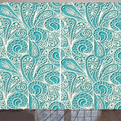 Produktbild von ARANDE Teal und Weiß Gardine, Weißer Spitze-Art-Muster-weiblicher Mode-romantischer Zusammensetzungs-Druck, 280 x 260 cm, Türkis Weiß