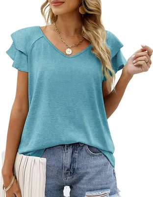 Produktbild von ASKSA Damen T-Shirt Kurzarm V-Ausschnitt Rüsche Sommer Basic Oberteil Casual Loose Tunika Tops, Hellgrün, M