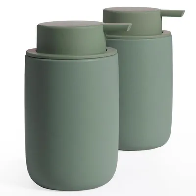 Zdjęcie produktu dla Zestaw dozowników do mydła, kolor zielony, ceramika, 2 sztuki, pojemność 350 ml, możliwość uzupełniania, z etykietami