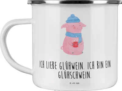Produktbild von Mr. & Mrs. Panda Teetasse Schwein Glühwein - Weiß - Geschenk, Pott, Weihnachten, reisetasse, Haferl, Emaille Tasse, Weihnachtsmarkt, Teebecher, Glühschwein, Punsch