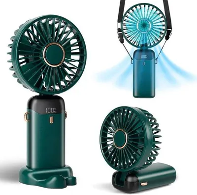 Image de Ventilateur portable à 5 vitesses, pliable à 90°, 3-en-1, affichage LED, 3200 mAh, vert
