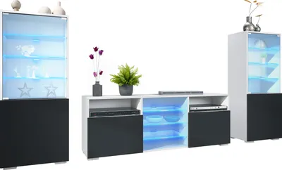 Produktbild von Vladon Wohnwand Granada, Anbauwand bestehend aus 2 Vitrinen und 1 TV-Board, Weiß matt/Schwarz matt inkl. LED-Beleuchtung (286 x 122,5 x 35 cm)