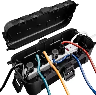 Produktbild von Kabelbox wasserdicht 29x13,2x10cm außen Kabelkasten für Verlängerungskabel, Steckdosenleisten große Elektrobox 6 Durchlässe Garten Organizer Schwarz Camping Box für Weihnachtsbaumbeleuchtung DV-6654 Doktorvolt