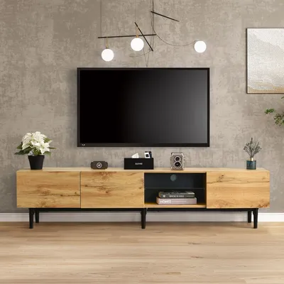 Produktbild von OPULHAUS Lowboard moderner klassischer TV-Schrank aus Wildeiche mit LED-Leuchten für Wohnzimmer Schlafzimmer TV-Board TV-Kommode 175 x 31 x 41 cm