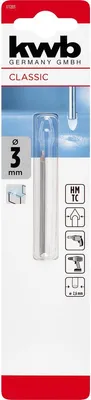 Produktbild von kwb Hartmetall-Glasbohrer, Ø 3 mm (Hartmetallplatte, Zentrierspitze, niedrige Drehzahl, Schneidöl, Rundschaft)