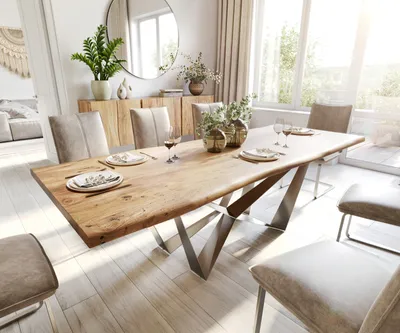 Produktbild von DELIFE Esstisch Edge 240x100 Akazie Natur Spider Flachstahl Edelstahl Live-Edge