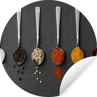 Produktbild von MuchoWow® Runde Wandtattoo - Wandsticker Tapete Aufkleber Gewürze - Löffel - Tisch - Rustikal - Gewürze Ø 80 cm Selbstklebend und Repositionierbar - Wandaufkleber - Kreis - Mauerkreis - Wand Bilder - Wandsticker - Wohnzimmer Dekoration - Dekoration für die Wände - Aluminium - Babyzimmer