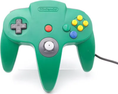 A green Nintendo 64 controller is shown against a white background.