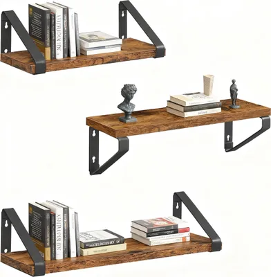 Produktbild von Relaxdays Wandregal, 3er Set, 3 Größen: 30, 35, 40 cm Breite, Holzoptik & Metall, Wandbretter für Bücher & Deko, braun