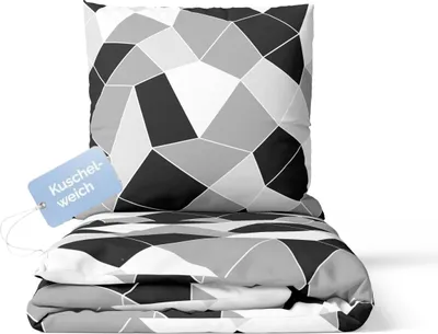 Produktbild von Bettwäsche 155x220 cm 2 teilig 100% Mikrofaser Bügelfrei Bettbezug weiß grau schwarz geometrisch gemustert