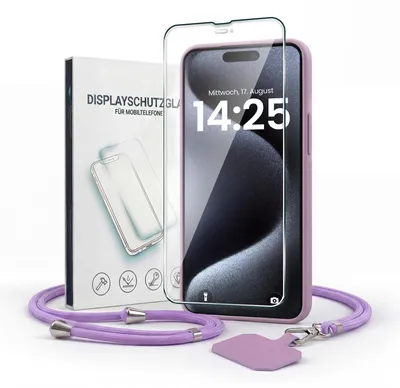 Produktbild von Handyhülle für Apple iPhone 15 Pro mit Handykette und 9H Displayglas Displayschutz Band Kordel Hülle Case Schutzhülle Lila Violett