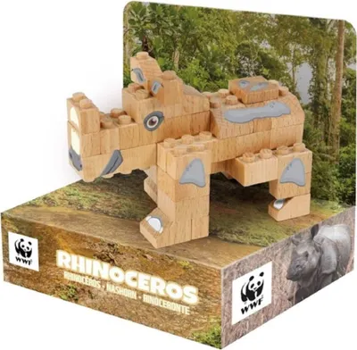 Obrázok produktu pre FabBrix Drevené kocky WWF Drevené stavebné kocky Rhino, upínacie kocky z ho bukového dreva, 100 % kompatibilné s bežnými stavebnými kockami