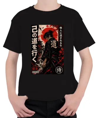 Immagine prodotto di Maglietta per bambini, nera, con motivo samurai, ronin, katana, Giappone, Bushido, guerriero, anime, stile anni 2000, Giappone, taglia 128