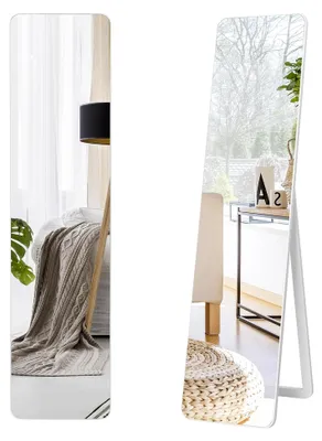 Produktbild von 2 in 1 Ganzkörperspiegel, Wand- und Standspiegel mit Schutzfolie 37 x 45 x 155 cm, Ankleidespiegel mit Holzrahmen, Garderobenspiegel für Schlafzimmer und Wohnzimmer, Weiß