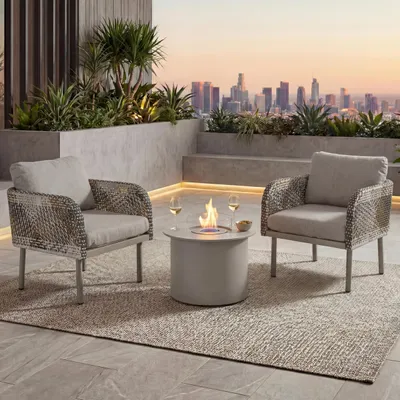 Produktbild von Poly-Rattan Garnitur HWC-P80, Lounge-Set Garten Stuhl, Tischkamin Bioethanol-Fire-Pit Alu Stoff 220g/m² creme-beige