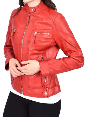 Productafbeelding van Dames Bikerjack van Echt Lederen Materiaal - Rood met Meerdere Ritszakken