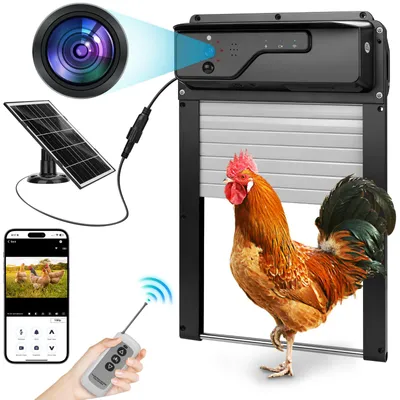 Produktbild von Solar Hühnerklappe automatisch mit WLAN-App-Steuerung, 5000mAh Hochleistungsbatterie, 1080P Kamera Lichtsensor Anti-Klemm, Hühnertür für Hühner, Enten