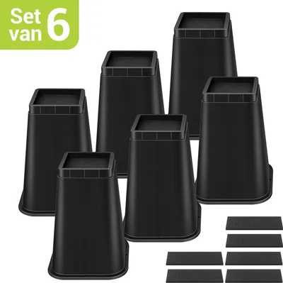 Productafbeelding van JustValue Meubelverhogers - Verstelbare Bedverhogers - Bedklossen - Set van 6 - 20 cm Verhoging - Antislip - Zwart