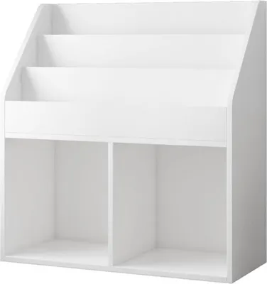 A white bookshelf with three slanted shelves at the top and two cubbies at the bottom.