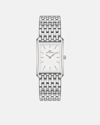 A silver rectangular watch with a metal band is shown against a white background.
