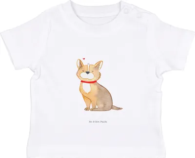 Produktbild von Mr. & Mrs. Panda Babyshirt Hund Glück 0. - 6. Monat - Weiß - Geschenk,  T-Shirt, Sprüche, Spruch, Baby Top, Liebe, Kleinkind, Herz, Kinder, Corgie