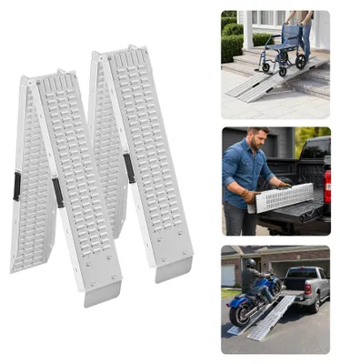 Productafbeelding van QEENTOE Opklapbare oprij-/laadhelling, 2 stuks, tot 400 kg, antislip met handgreep, geschikt voor aanhangwagens, motorfietsen, ATV's, quads, 180 x 22,5 cm
