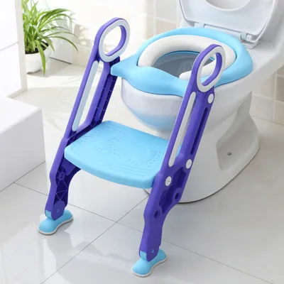 Produktbild von Toilettensitz Kinder Mit Treppe Faltbar mit PolyurethanGepolstert Kissen und Griffen Töpfchen(Blau+Lila)