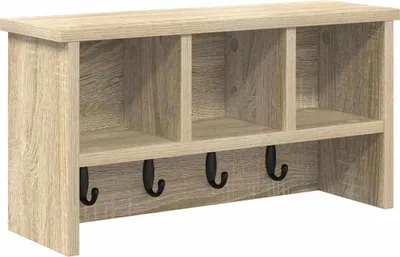 A product shot of a wall-mounted coat rack with shelves.
