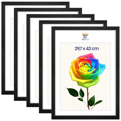 Obrázek produktu pro MG Design, sada 5 kusů černých rámečků na obrázky, formát A3 (29,7 x 42 cm) – rámy na plakáty z masivního dřeva s akrylovým sklem, stabilní upevnění na zeď, možnost vertikálního i horizontálního zavěšení