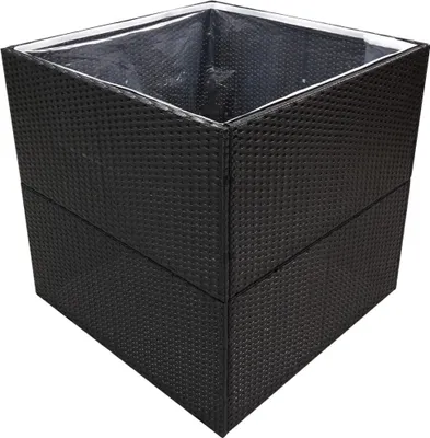A black rattan cube planter with a clear plastic liner.