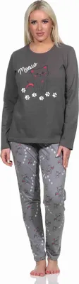 Produktbild von Süsser Damen Schlafanzug lang Pyjama mit Katzen - Motiv ; grau , 40