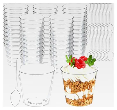 Produktbild von 50 Stück Dessertgläser aus Kunststoff, Dessertbecher mit Löffeln, 2oz/60ML, wiederverwendbare Dessertschalen aus Kunststoff für Pudding, Mousse, Eiscreme und Desserts bei Partys
