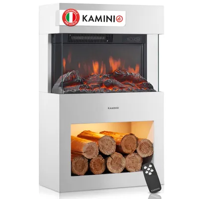 Immagine prodotto di KAMINIO Camino elettrico HENRI - Stufa elettrica con riscaldamento, effetto fiamma 3D, vano portalegna, telecomando - Bianco, Immagine generata dall'IA