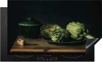 Produktbild von KitchenYeah© Herdabdeckplatte Stilleben - Teller - Artischocke - Malerei , 91x52cm, Küche Deko, Glaskeramikkochfeld Herdabdeckung, Abdeckplatte fùr Kochfeld