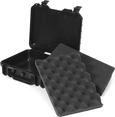 An open black protective case with two pieces of foam padding inside, shown against a white background.