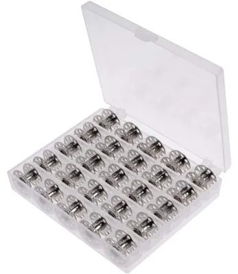 25 Nähmaschinenspulen aus Metall, universell, mit Box, 6 mm Lochdurchmesser