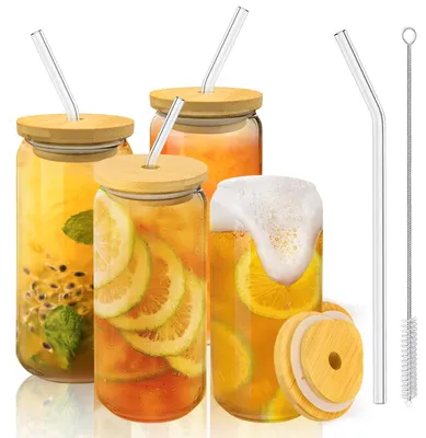4er-Set Bubble Tea Gläser 500 ml mit Deckel & Strohhalm