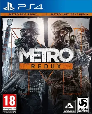 The cover art for the video game Metro Redux for PS4, featuring two characters in gas masks and military gear.