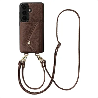 Zdjęcie produktu dla Etui ochronne Selencia Sera z sznurkiem i paskiem na ramię, przeznaczone do telefonu Samsung Galaxy S26 - kolor czekoladowy