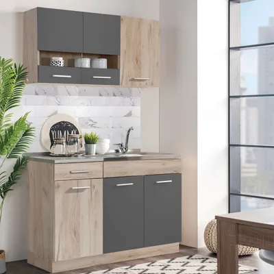 Produktbild von Homestyle4u Singleküche, Holz, Grau, 120 cm, modern, viel Stauraum, ohne Elektrogeräte, Glastüren