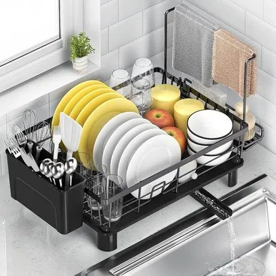 Productafbeelding van Afdruiprek Servies - Keukenrek Aanrecht - Keuken Organiseren - Automatisch Afvoersysteem - 38x28 cm - Zwart