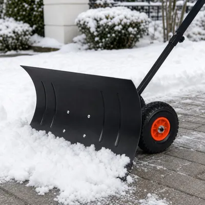 Produktbild von YARDIN Roll-Schneeschieber, höhenverstellbarer T-Griff, 5-fach winkelverstellbare Schaufel, Schneeräumer mit Gummirädern für Straßen und Gehwege