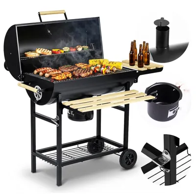Produktbild von Garten-Holzkohlegrillfass mit Kamin, Ablagen, Thermometer und Ascheschale Berdsen BD-895 schwarz