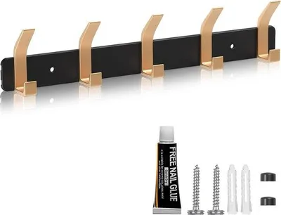Obrázek produktu pro Věšáky na oblečení, nástěnné věšáky na oblečení s 5 háčky, samolepicí věšáky na ručníky, věšáky do předsíně, kuchyně, koupelny atd. (černé)